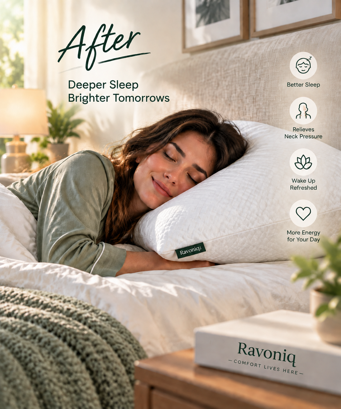 A woman rests on a white Ravoniq pillow in a softly lit bedroom, with text reading 'After' and benefits like better sleep, relieved neck pressure, and waking refreshed. The pillow has a small Ravoniq label, and a book with the same brand sits on a bedside table.