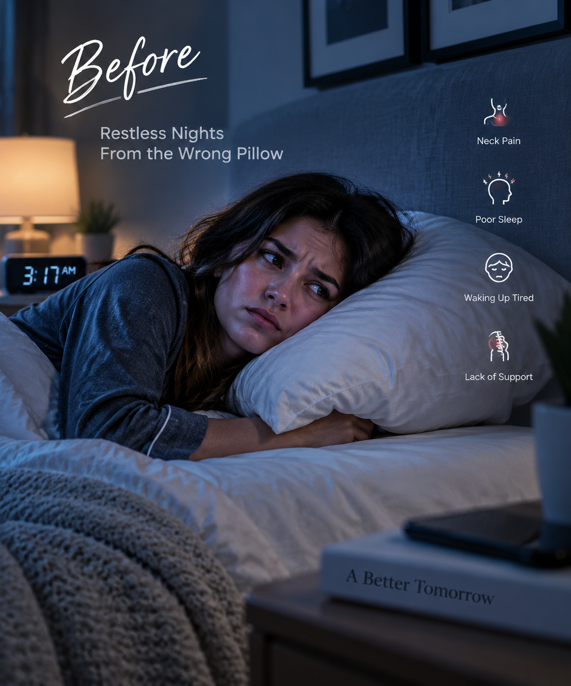 A woman lying in bed under a gray headboard at night, looking uncomfortable with a pillow and blanket. Text on the left reads 'Before' and 'Restless Nights From the Wrong Pillow,' with icons on the right listing neck pain, poor sleep, waking up tired, and lack of support.