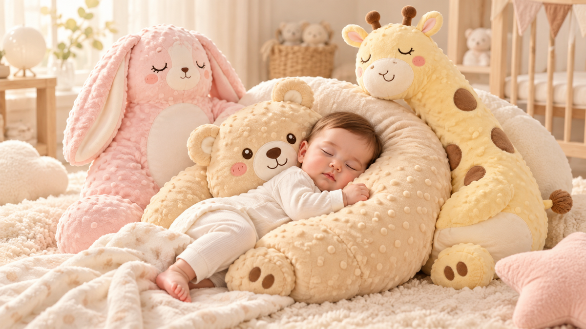 A sleeping baby nestled inside a beige textured crescent-shaped baby pillow, surrounded by plush toys including a pink bunny, a yellow giraffe, and a beige teddy bear, in a soft, warm nursery setting.slider_item_GrX8yr