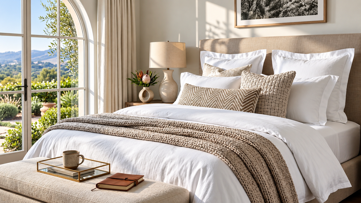 A beautifully styled bed in a sunlit bedroom, featuring white bedding, multiple beige and brown textured pillows, a chunky knit beige throw blanket, a matching upholstered headboard, and a large arched window overlooking a scenic garden.1621243260e1af0c20-0