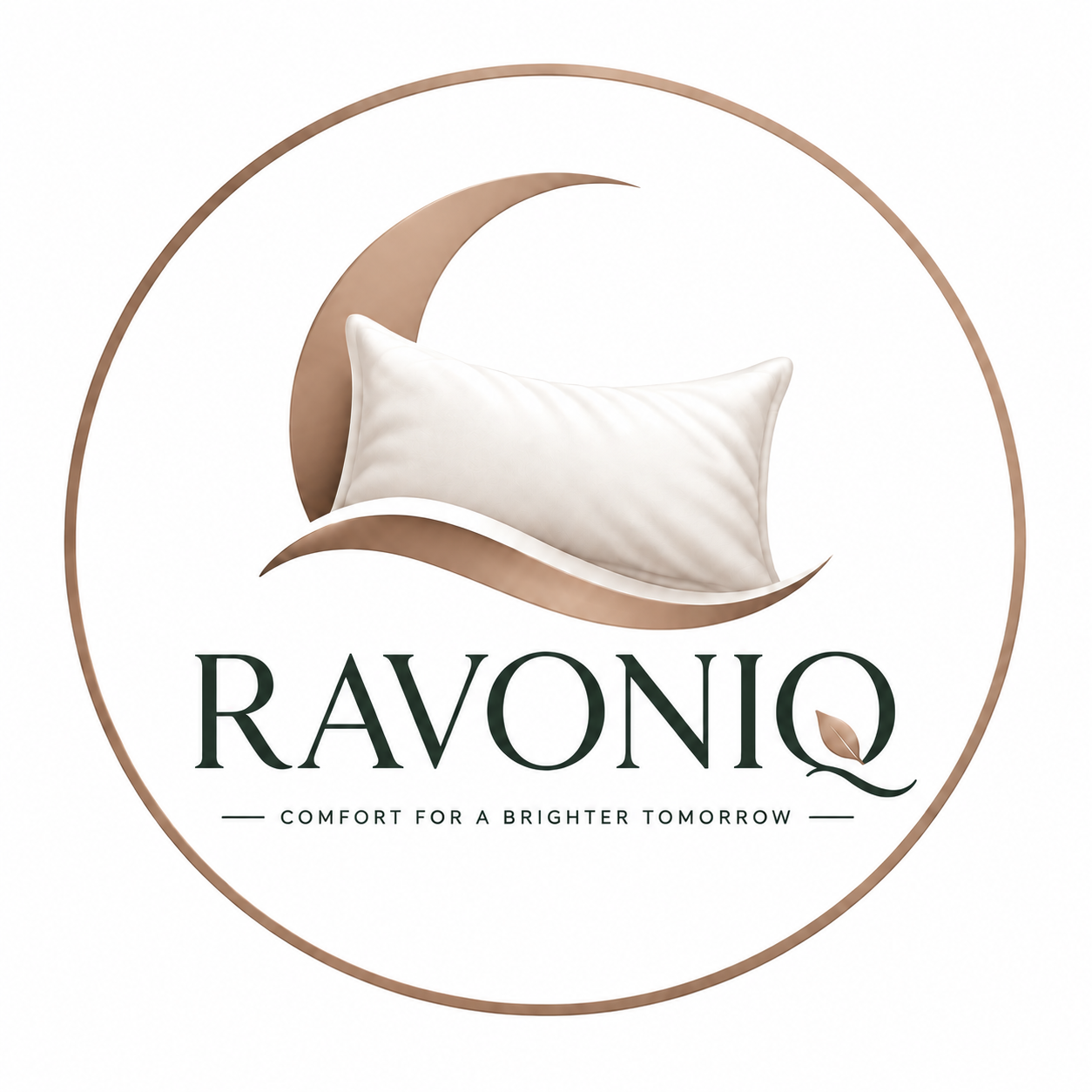 A circular logo for RAVONIQ featuring a white pillow resting on a metallic bronze crescent moon and wave motif, with the brand name 'RAVONIQ' and the tagline 'COMFORT FOR A BRIGHTER TOMORROW' below.